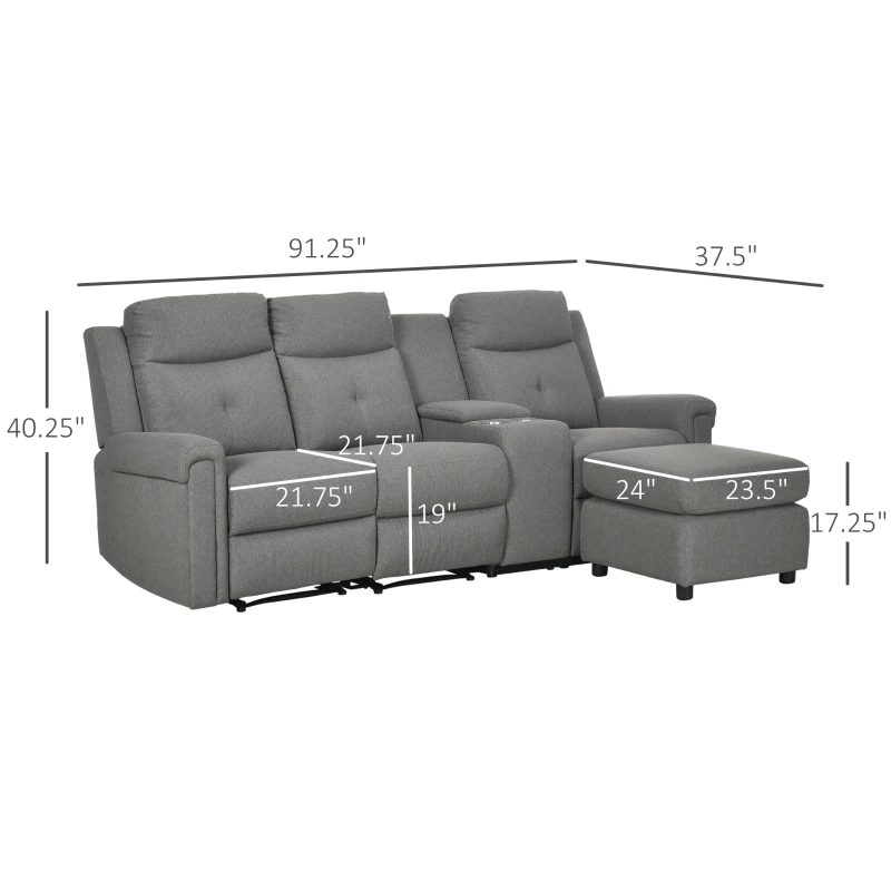 HOMCOM L-Shaped Sofa, Manual Reclining Sectional with Chaise Ottoman, Storage Console, Cup Holders, USB Charging, Gray