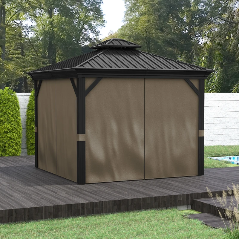 Outsunny 10' x 10' Hardtop Gazebo, Pavilion Gazebo with Curtains, Nettings, Aluminum Frame, Hooks, for Garden, Patio, Dark Brown