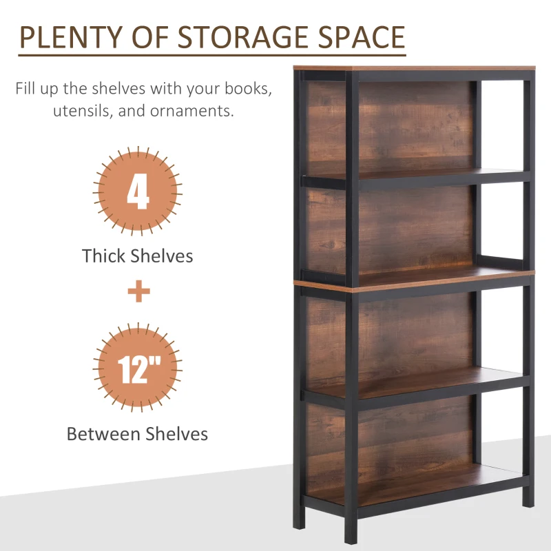 HOMCOM Shelves for Storage, 4 Tier Bookshelf Utility Organizer with Back Support and Anti-Topple Design, Walnut/Black