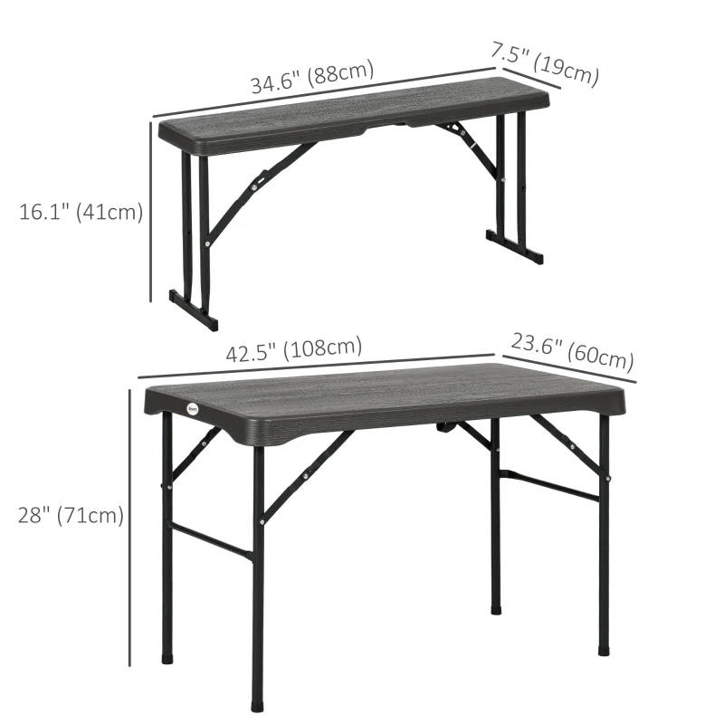 Outsunny Folding Picnic Table with 2 Benches, 3-Piece Portable Outdoor Picnic Table Bench Set for 4, Patio Dining Table Set with Plastic Top, Steel Frame for Garden, Dark Grey
