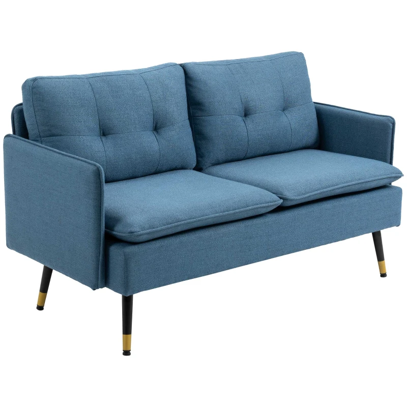 HOMCOM 55" Loveseat Sofa, Linen Love Seat w/ S spring, Steel Legs and Button Tufting, Small Couch for Living Room, Dark Blue