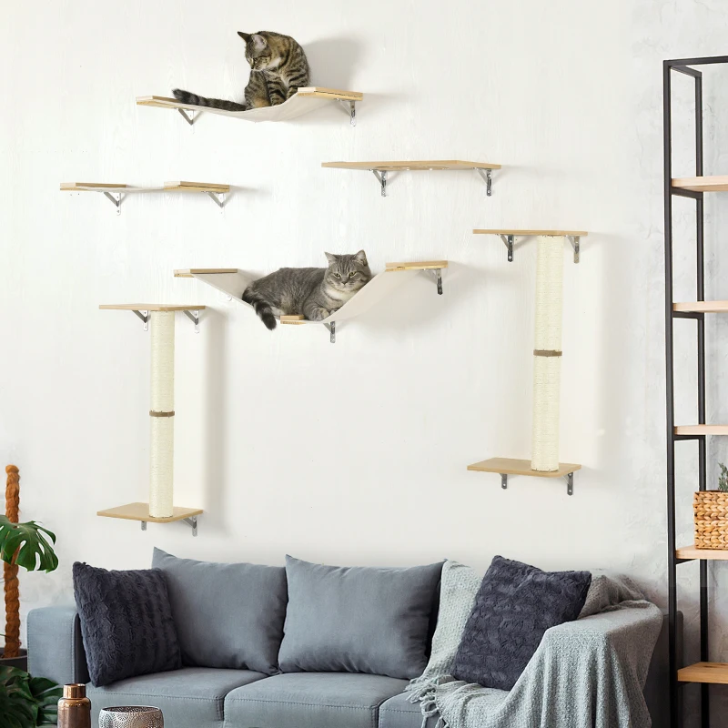PawHut 6PCs Cat Wall Shelves Pet Wall-mounted Climbing Shelf Set with Scratching Posts Jumping Platforms Ladder Oak