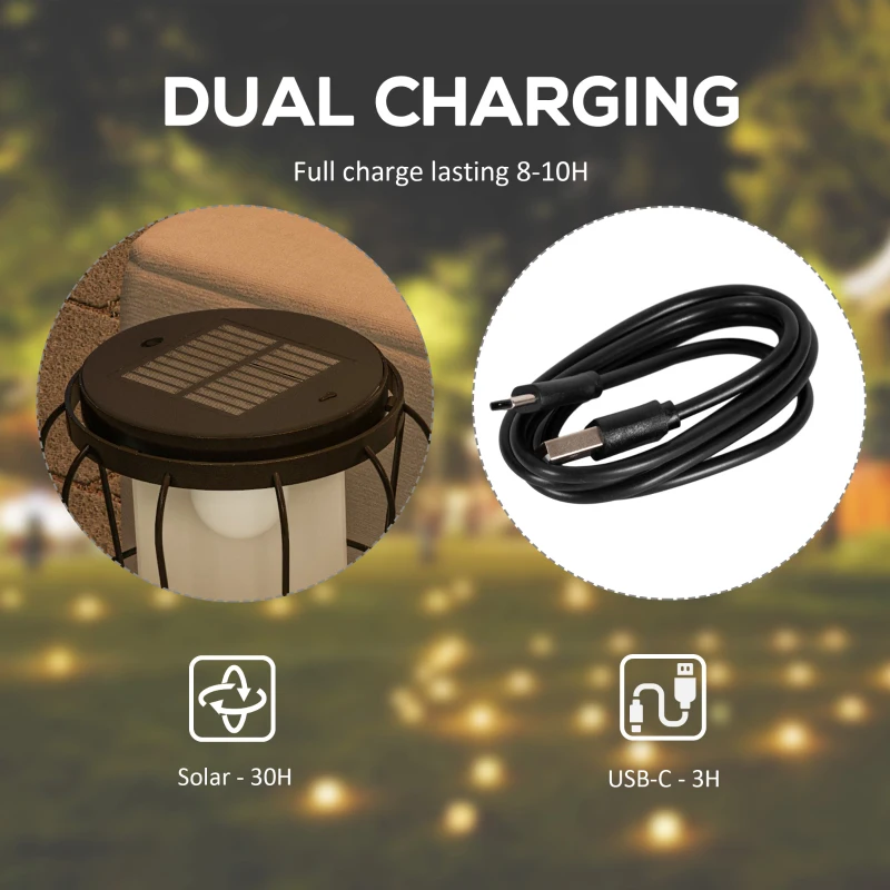 Outsunny Set of 2 Solar or USB Rechargeable Lamp Set LED Accent Lantern Light with Bottom Shelf for Garden Porch Lawn