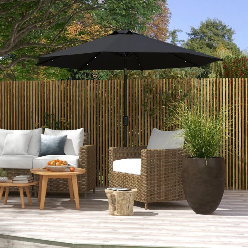 Outsunny 9ft Solar Patio Umbrella Outdoor Sunshade 24 LED Lights Tilt Canopy Black