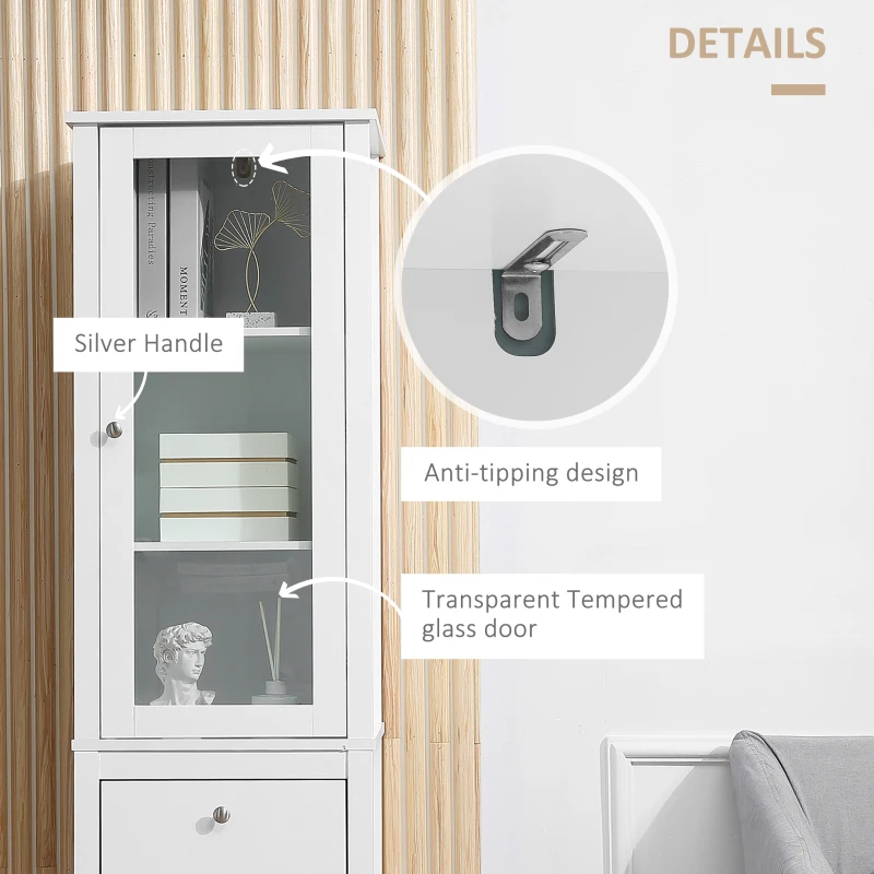 kleankin Tall Bathroom Cabinet with Tempered Glass Door, Storage Organizer, Freestanding Linen Tower with 2 Adjustable Shelves and 2 Drawers, White