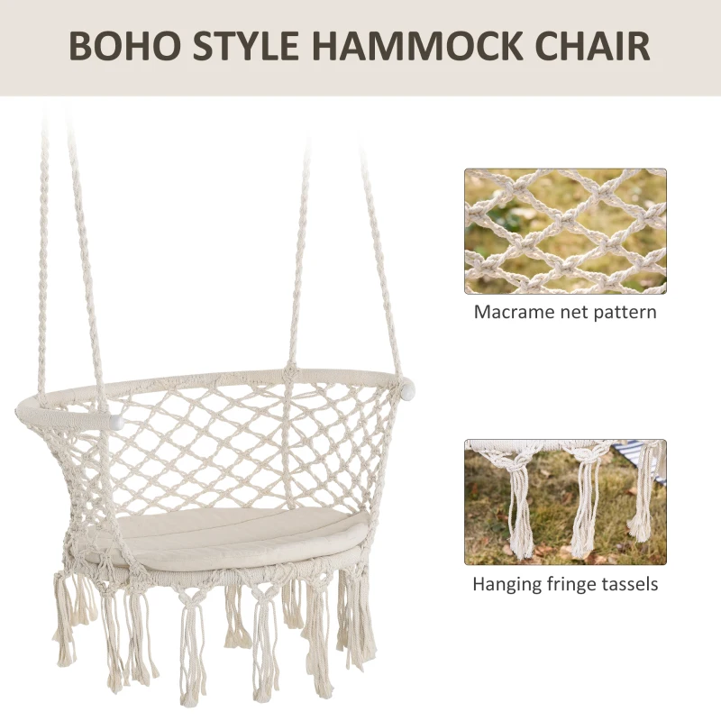 Outsunny Hanging Hammock Chair, Cotton Rope Porch Hammock Swing with Metal Frame and Cushion, Large Macrame Seat for Patio, Garden, Bedroom, Living Room,  Cream White