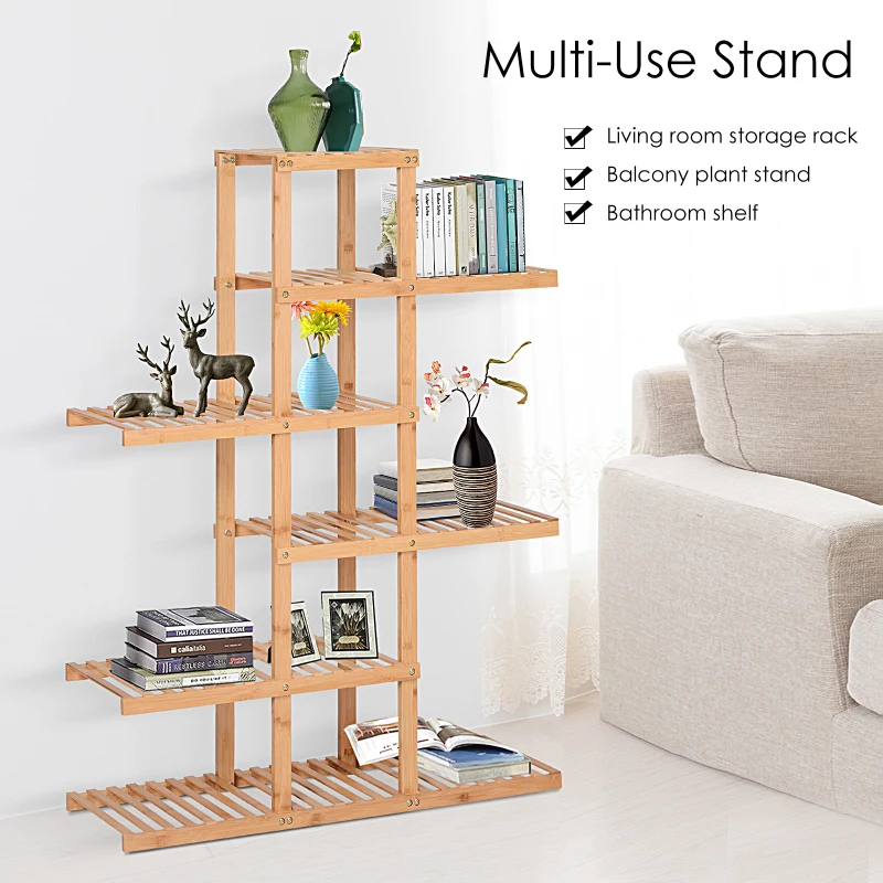 HOMCOM Bamboo Plant Stand, Flower Shelf, Utility Shelving Standing Unit, 6 Tier Display Rack Storage Organizer for Living Room Balcony Hallway Bathroom, Natural