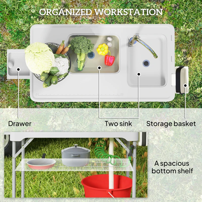 Outsunny Folding Fish Cleaning Table with Sinks, Portable Camping Sink Table with Faucet, Drainage Hose, Sprayer, Shelf, Drawer and Storage Basket, Outdoor Fillet Table for Picnic Beach Patio, Gray