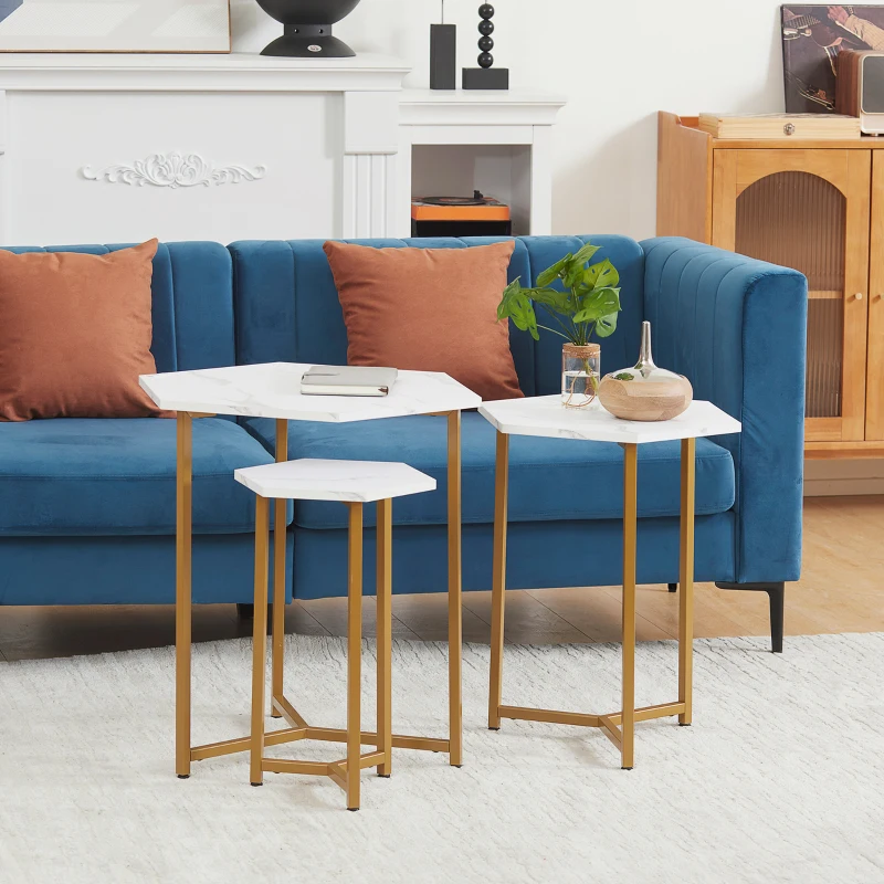 HOMCOM Nesting Tables Set of 3, Hexagon Side End Table with Marble Effect Top and Steel Legs for Living Room Bedroom, White and Gold