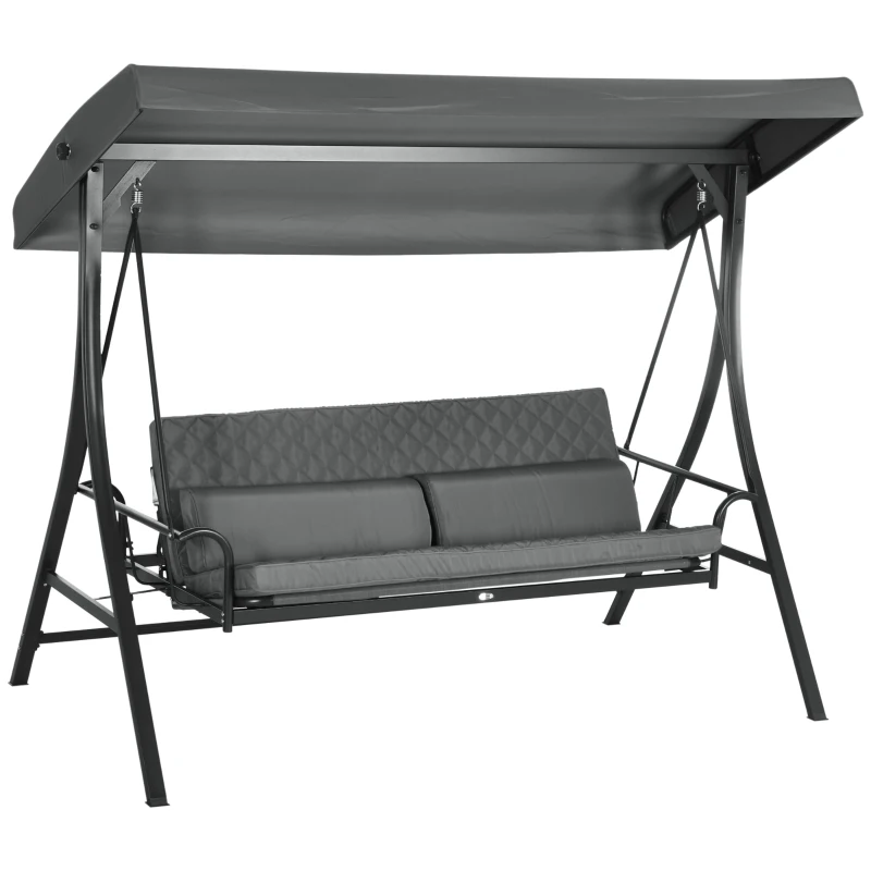 Outsunny 3 Person Porch Swing Bench with Adjustable Canopy, Cushions, Pillows for Porch and Backyard, Dark Grey