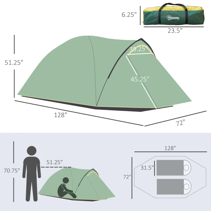 Outsunny 3-Person Camping Tent Backpacking Tent with Vestibule Area, Water-Fighting Polyester Rain Cover, & Mesh Windows, Yellow
