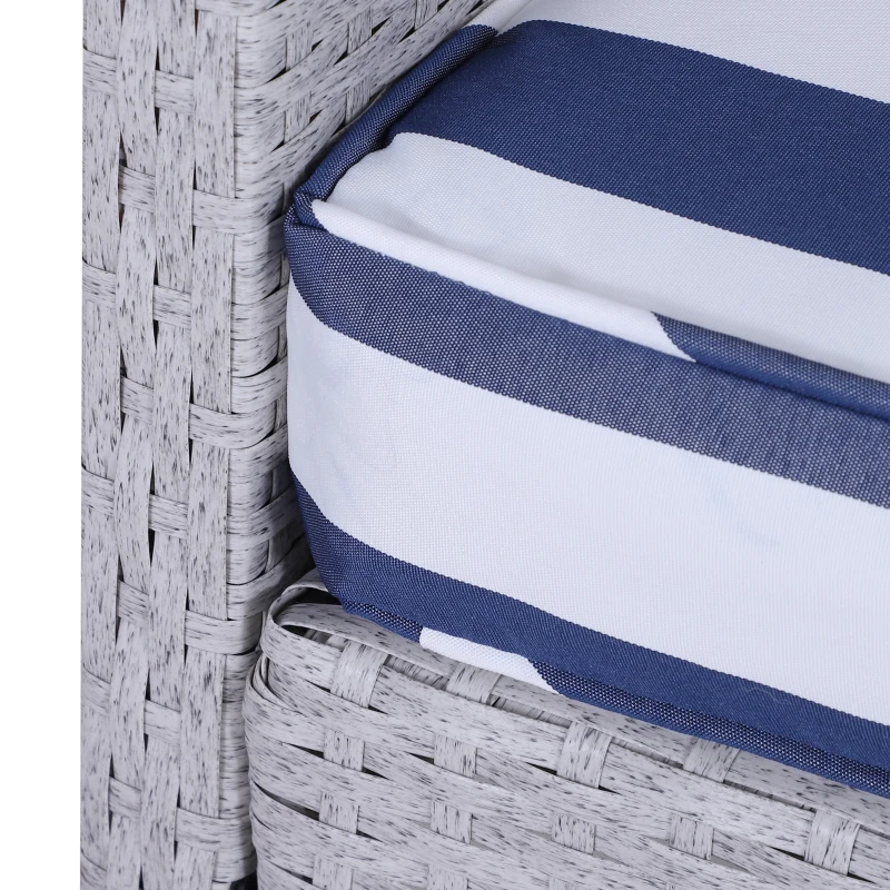 Outsunny 5 Pieces Wicker Patio Furniture Sofa Set Thick Padded Cushions, Outdoor PE Rattan Conversation Coffee Set with Armchairs, Footstools and Glass Top Table, Blue and White