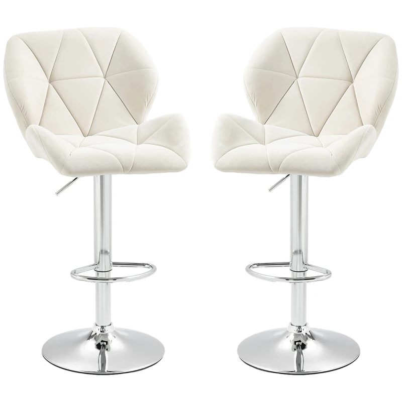 HOMCOM Bar Stool Set of 2 Fabric Adjustable Height Armless Upholstered Counter Chairs with Swivel Seat, Cream White