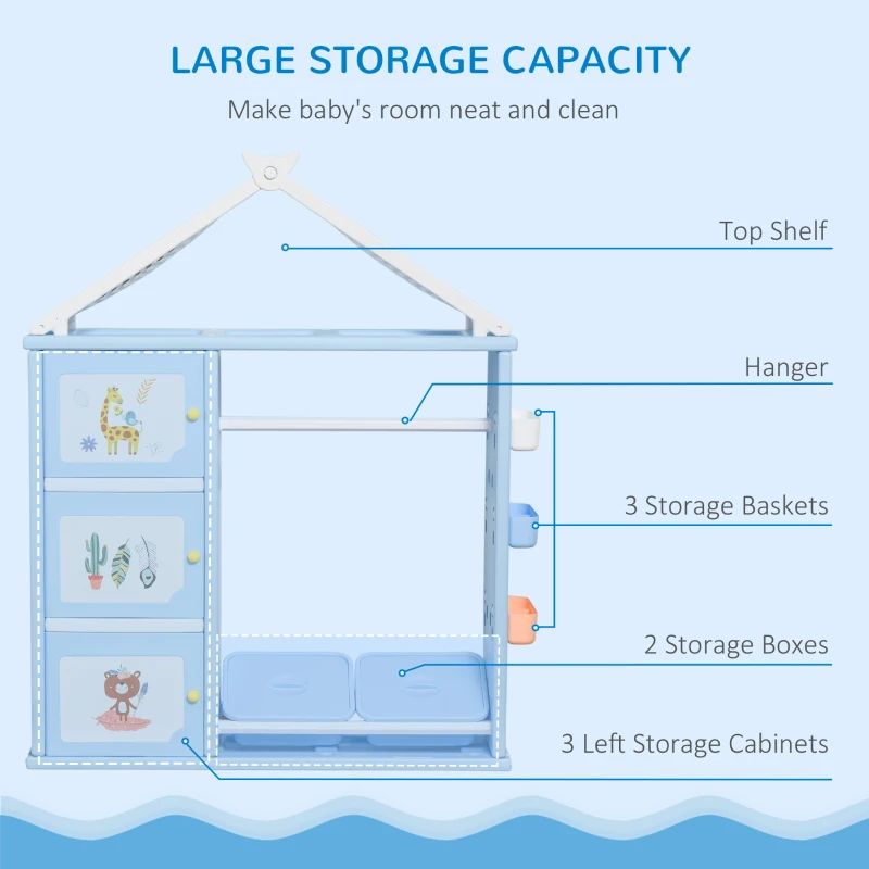 Qaba Kids Dress Up Storage, Multifunctional Kids Wardrobe Closet Hanging Rack Built for Kids Bedroom Storage, Featuring Bins, Cabinets, Top Shelf, and Drop-In Shelves, Blue