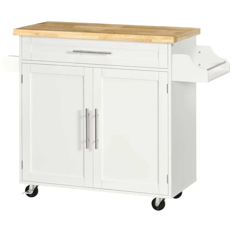 HOMCOM Kitchen Island with Storage, Rolling Cart Trolley with Rubberwood Top, Adjustable Shelf, Drawer, Spice Rack, White
