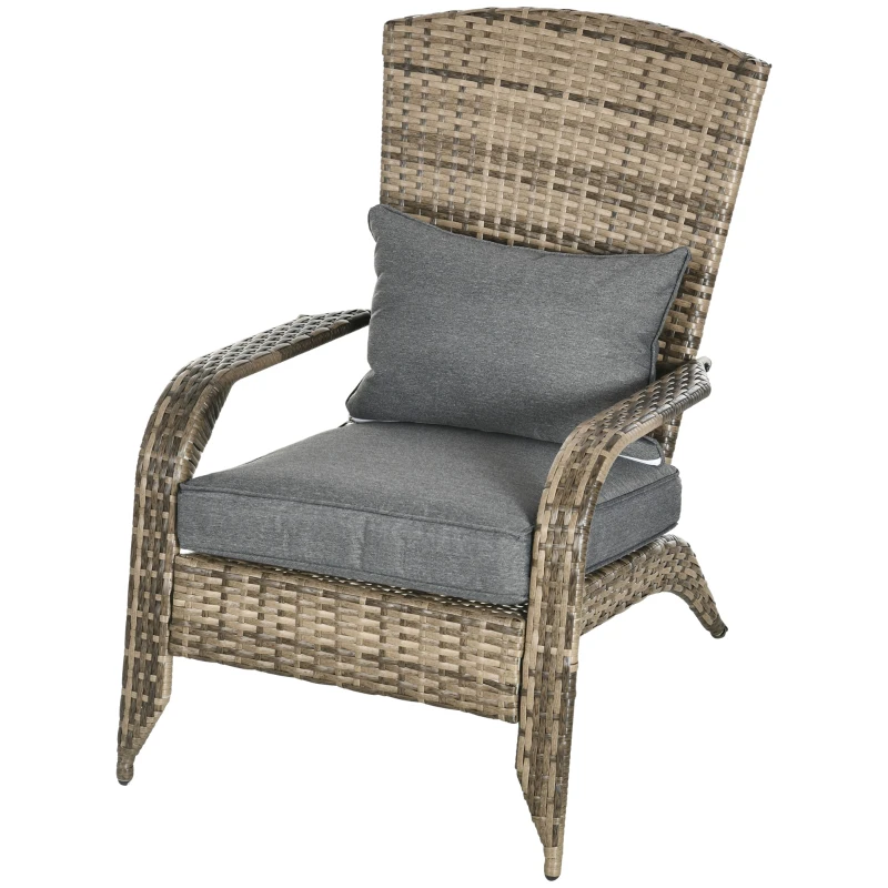 Outsunny Patio Wicker Adirondack Chair, Outdoor All-Weather Rattan Fire Pit Chair w/ Soft Cushions, Tall Curved Backrest and Comfortable Armrests for Deck or Garden, Mixed Tan/Dark Gray