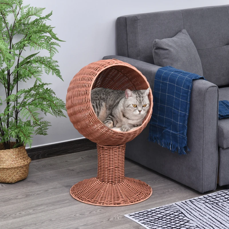 PawHut Elevated Cat Bed with Rotatable Egg Chair Pod, Cat Basket Bed with Thick Cushion, Natural Mat Grass Woven Kitty House, Brown