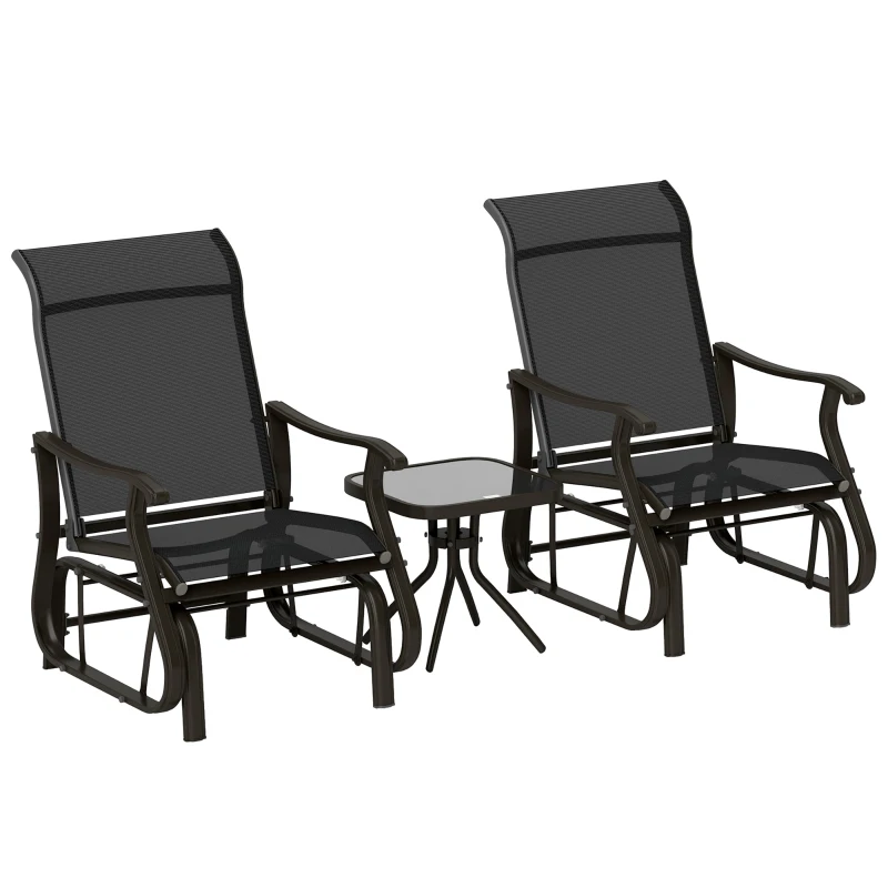 Outsunny 3PCs Gliding Rocking Chair & Bistro Tea Table Set, Black