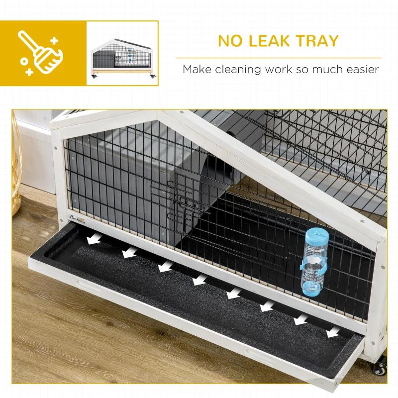 PawHut 35" Wooden Rabbit Hutch with No-leak Tray, Pet Playpen with Wheels, Water Bottle, Bunny House for Rabbits and Small Animals, Dark Gray