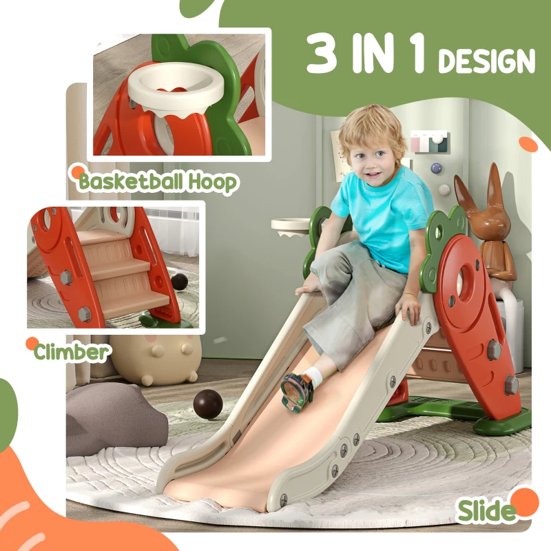 Qaba 3 in 1 Toddler Slide for Kids Age 1-3 Years, Foldable Carrot-themed Baby Slide with Basketball Hoop, Orange