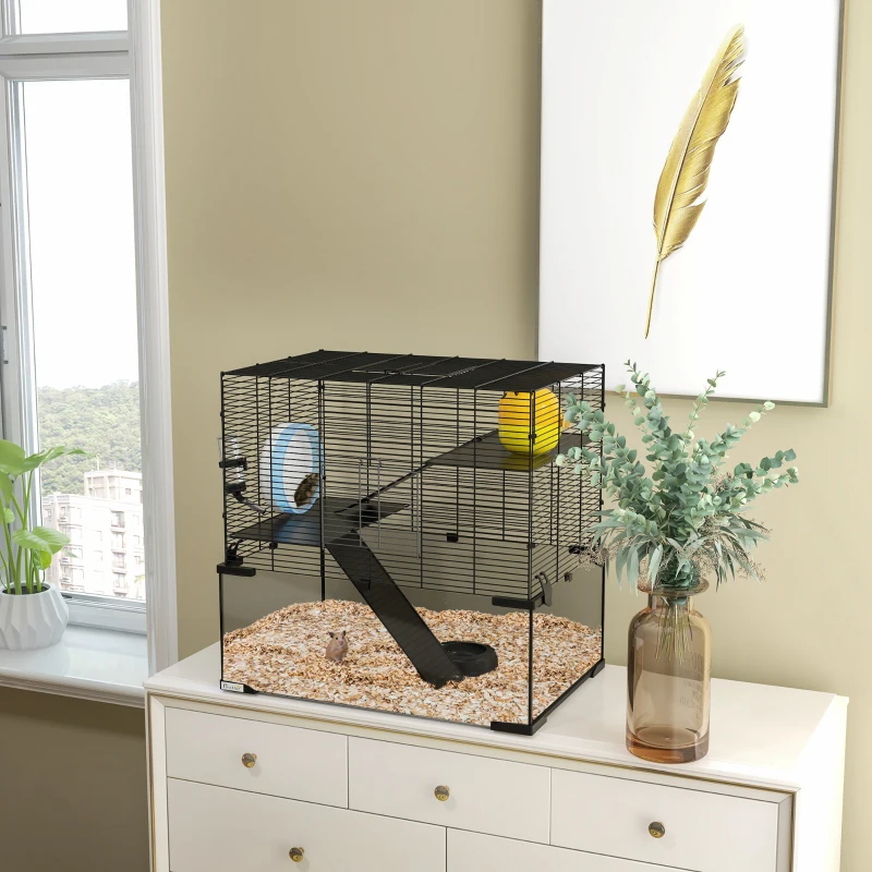 PawHut Hamster Cage, Gerbil Cage with Glass Basin for Small Hamsters, Black