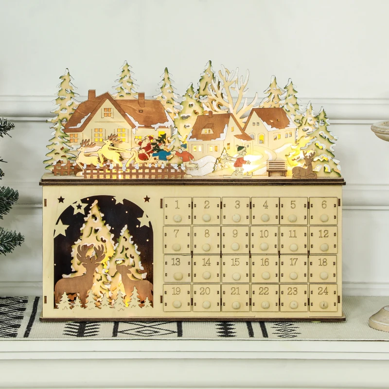 HOMCOM Wooden Christmas Advent Calendar with 24 Countdown Drawers and LED Lights for Kids and Adults, Battery Operated