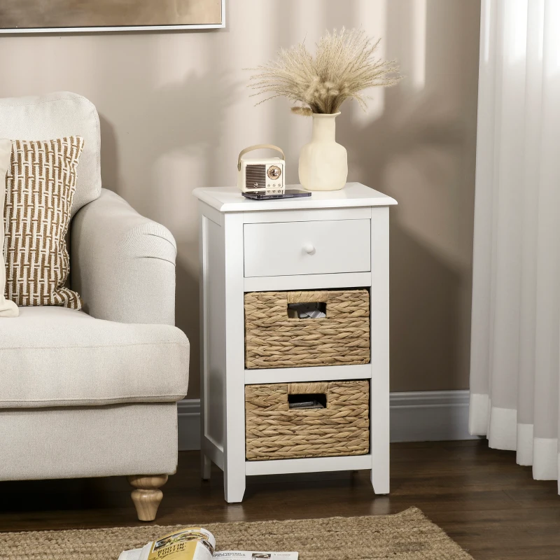 HOMCOM End Side Table with Removable Woven Baskets and Drawer for Living Room, Bedroom, 15.6"x11.8"x26.2", White