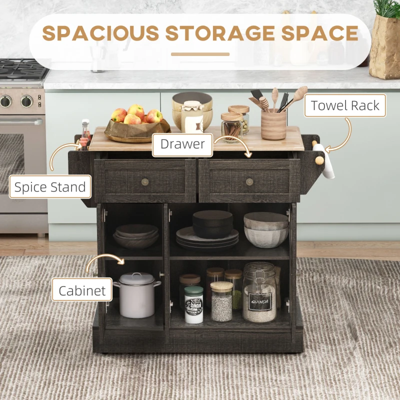 HOMCOM Triple-Cabinet Kitchen Island on Wheels, Kitchen Storage Cabinet with Drawers, Rolling Utility Cart Brown