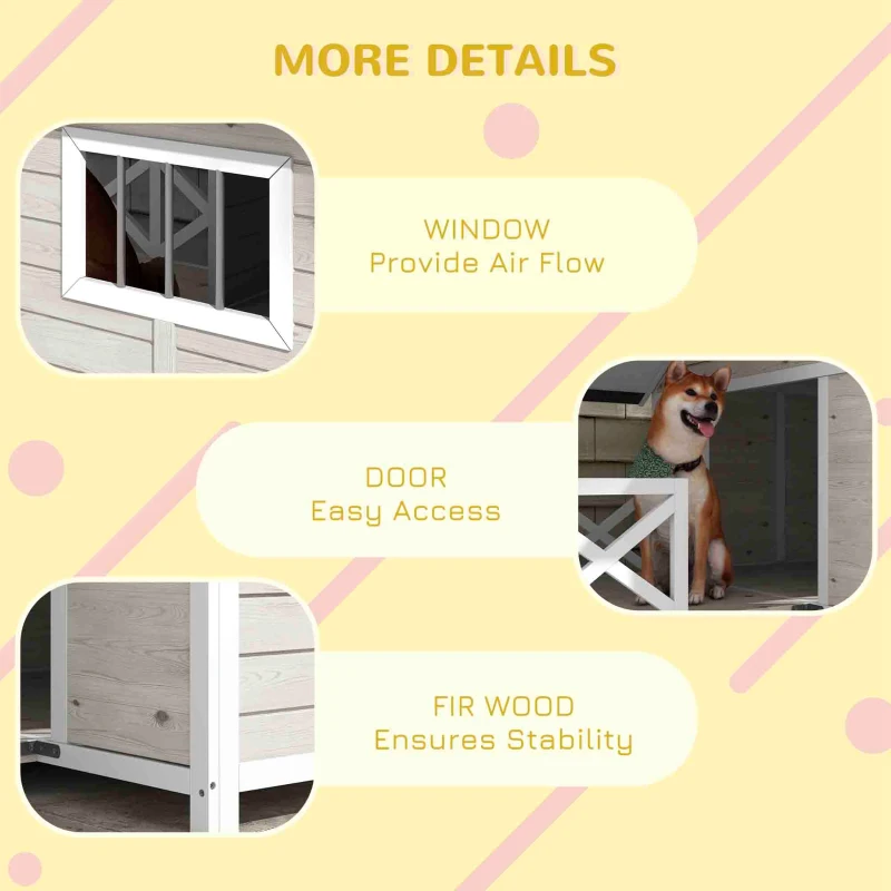 PawHut Wooden Dog House Outdoor with Porch, Raised Pet Kennel for Medium Large Dogs, with Asphalt Roof, Front Door, Side Windows, Gray