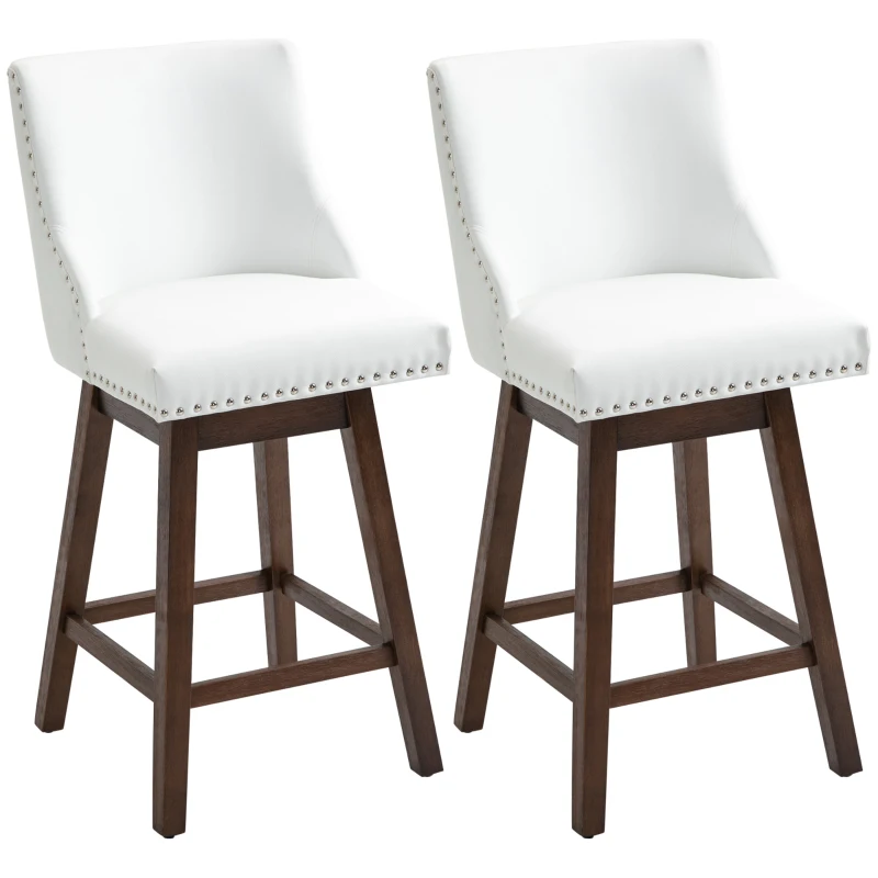 HOMCOM 28" Swivel Bar Height Bar Stools Set of 2, Armless PU Leather Upholstered Barstools Chairs with Nailhead Trim and Wood Legs, White
