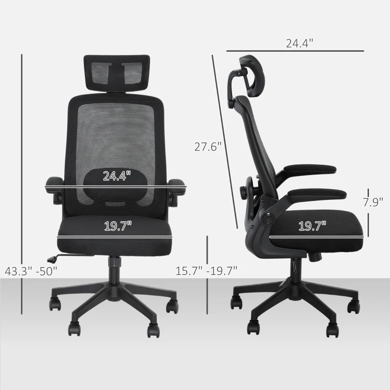 HOMCOM Mesh Office Chair, Ergonomic Desk Chair with Flip-up Armrest, Rotatable Headrest, Adjustable Lumbar Support, Black
