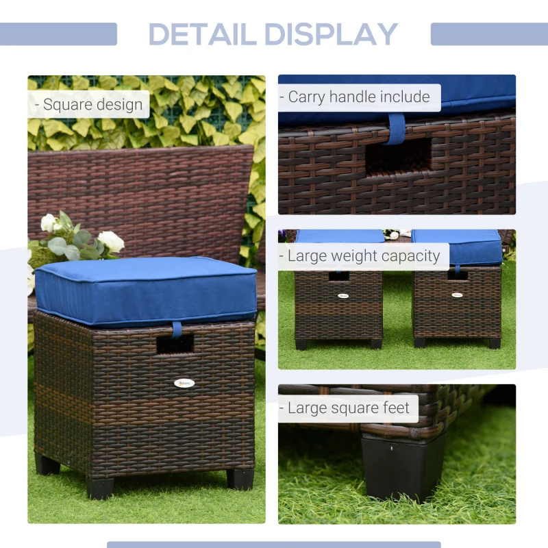 Outsunny 2 PCS Patio Wicker Ottoman Set, Two Square Outdoor PE Rattan Footrest with Removable Cushion, Freely Combined Furniture w/ Handle for Backyard, Garden, Poolside, Blue