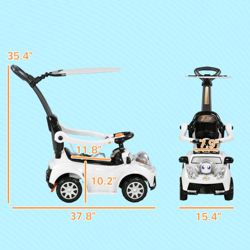 Qaba 3 in 1 Push Car Sliding Car with Removable Handle, Music, Horn, Canopy, Safety Guardrail, White