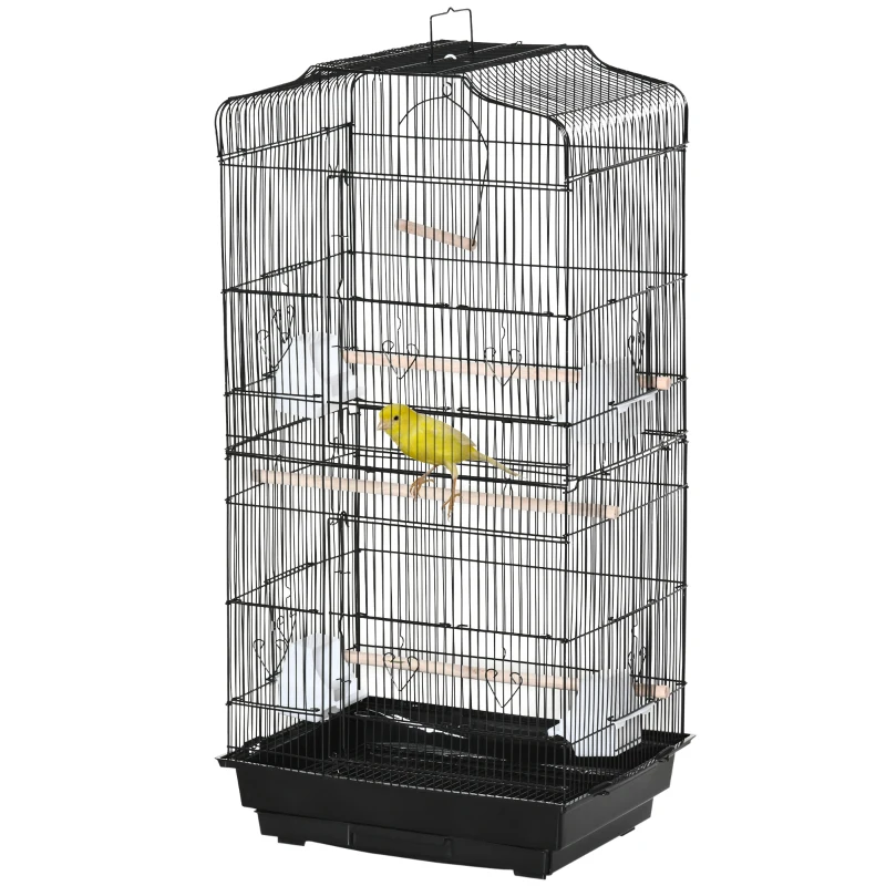 PawHut 36" Bird Cage, Macaw Play House, Cockatoo, Parrot, Finch Flight Cage, 2 Doors Perch, 4 Feeder Pet Supplies, Black