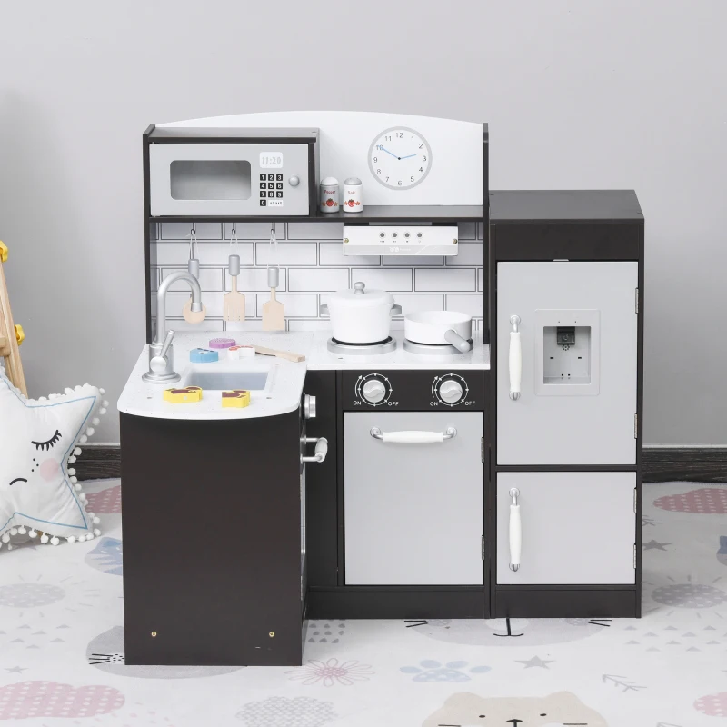 Qaba Kids Kitchen Play Cooking Toy Set for Children with Drinking Fountain, Microwave, Accessories, Dark Brown