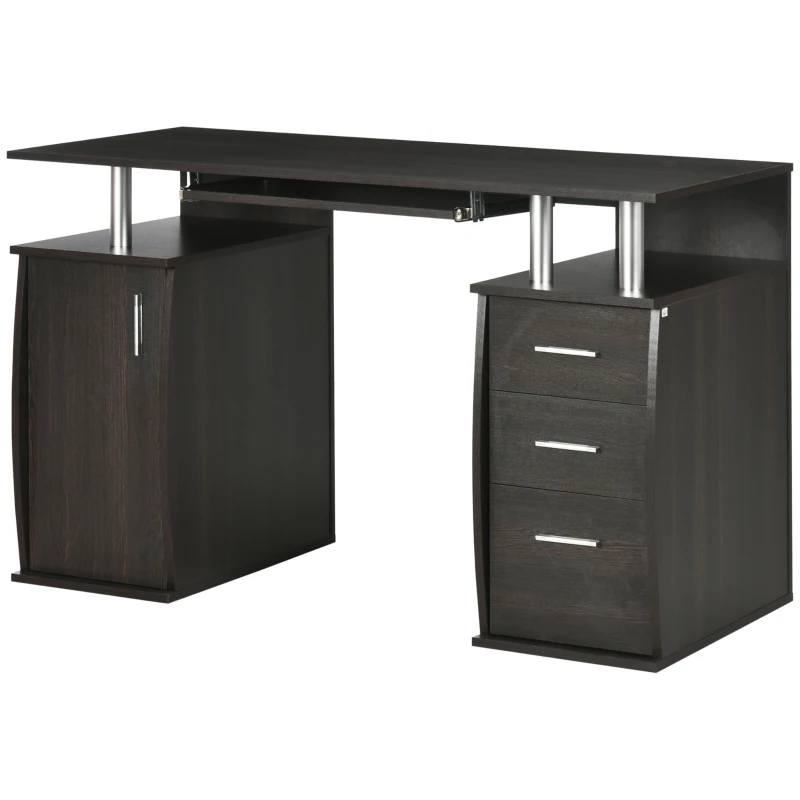 HOMCOM 47" Computer Desk with Keyboard Tray and Storage Drawers, Home Office Workstation Table with Storage Shelves, Dark Brown Wood Grain