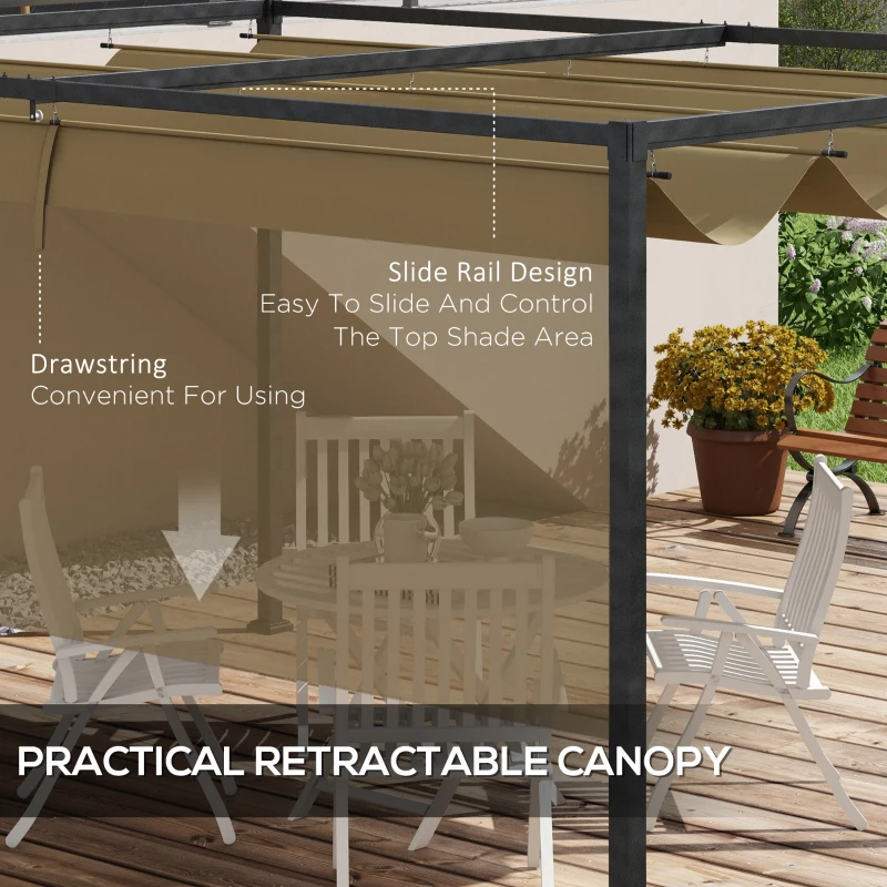 Outsunny 13' x 10' Patio Pergola with Retractable Canopy, Outdoor Sun Shelter, Yard Shade, Khaki