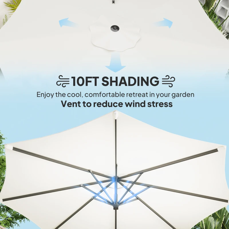 Outsunny 10' Offset Patio Umbrella Cantilever Umbrella with Aluminium Pole 360° Rotation and Tilt Adjustment, White