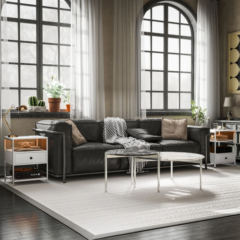 HOMCOM Set of 2 Side Tables with Charging Stations and LED Lights, End Tables with Drawer and Shelves for Living Room, White