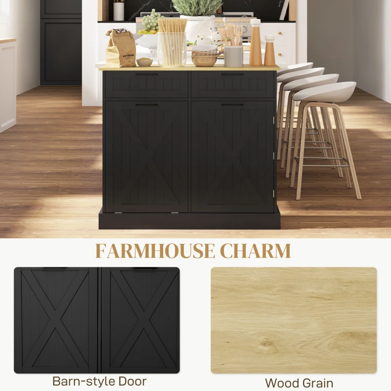 HOMCOM 10 Gallon Farmhouse Kitchen Cabinet with Hidden Trash Can and 2 Drawers, Tilt Out Trash Can Cabinet for Kitchen, Black
