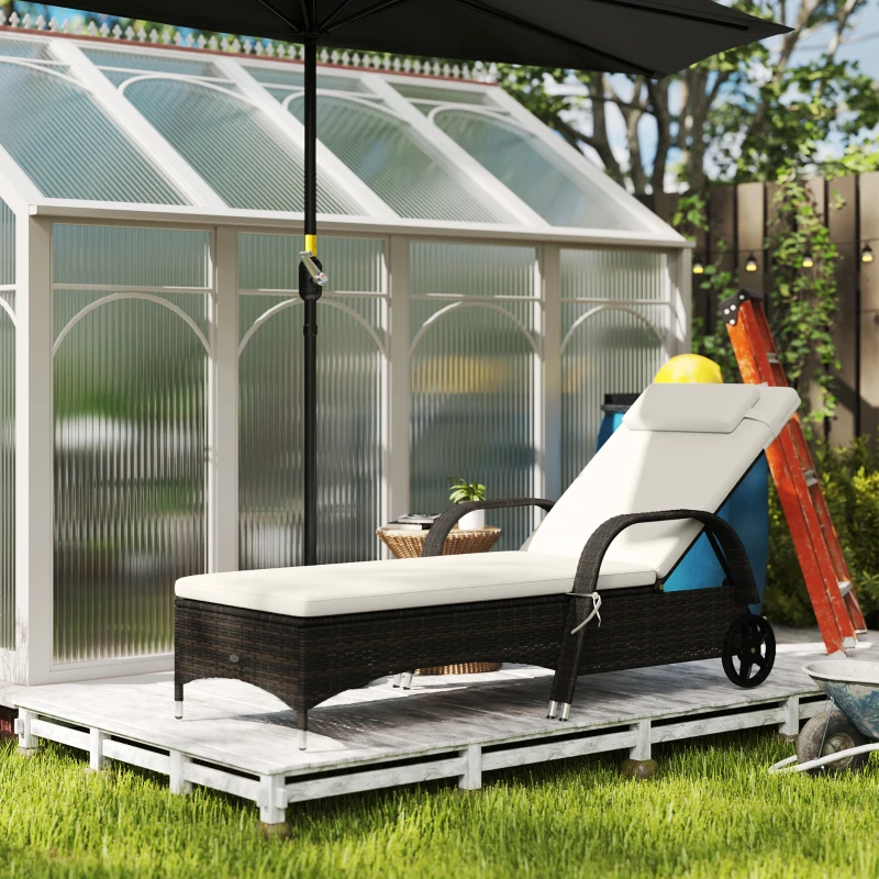 Outsunny Outdoor Chaise Lounge, 5-Level Adjustable Backrest Rattan Pool Lounge Chair with Wheels, Cushion & Headrest, Cream