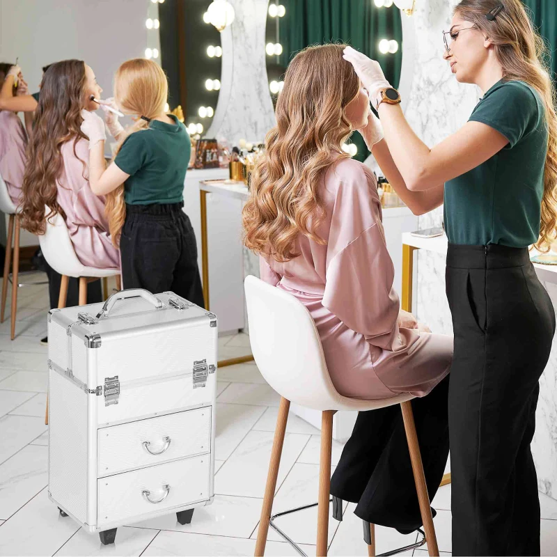 HOMCOM Rolling Makeup Train Case, Large Storage Cosmetic Trolley, Lockable Traveling Cart Trunk with Folding Trays, Swivel Wheels and Keys, Silver