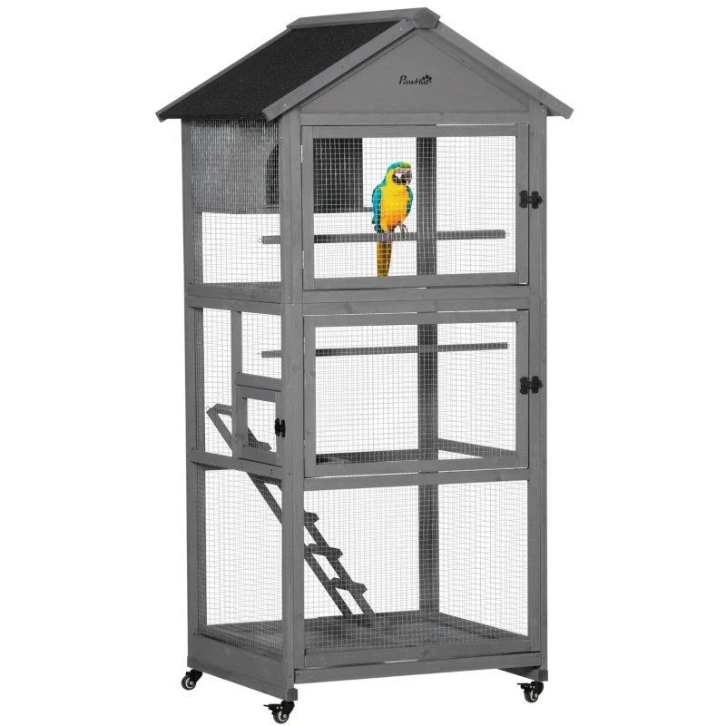 PawHut 71" Bird Cage Large Mobile Wooden Aviary for Canary Cockatiel with Wheel Perch Nest Ladder Slide-out Tray for Indoor Outdoor Dark Grey