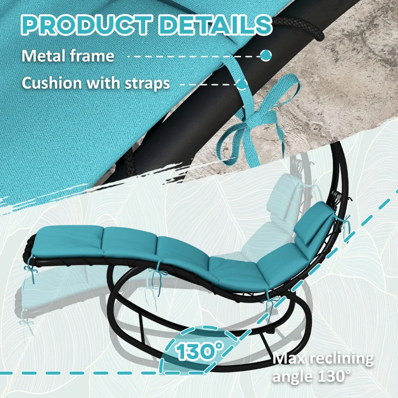 Outsunny Tanning Chair with Sunshade Roof, Rocking Base, Cushion, Headrest, Turquoise
