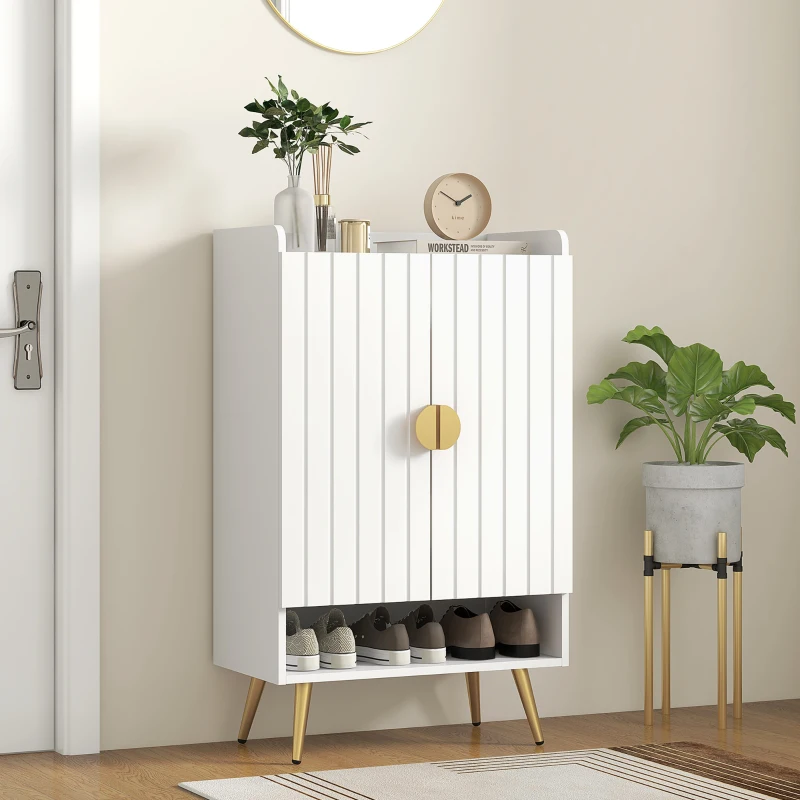 HOMCOM Entryway Shoe Storage Cabinet, Narrow Shoe Cabinet with Adjustable Shelves and Open Shelf for 15 Pairs of Shoes, White