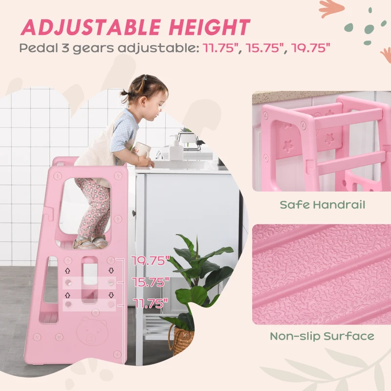 Qaba Toddler Tower with Adjustable Height, Anti-slip Mat, Toddler Step Stool, Pink