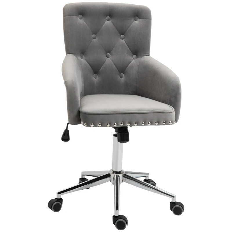HOMCOM Modern Mid-back Desk Chair with Button Tufted Velvet Back, Nailhead Trim, Swivel Home Office Chair with Adjustable Height, Curved Padded Armrests, Gray