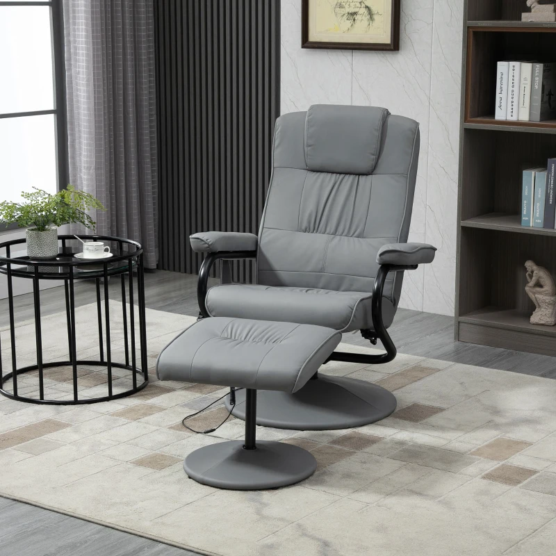 HOMCOM Massaging Faux Leather Recliner Chair and Ottoman Set, Swivel Vibration and Heat Massage Lounge Chair with Six Massage Points and Remote Control for Living Room, Bedroom, or Office, Gray