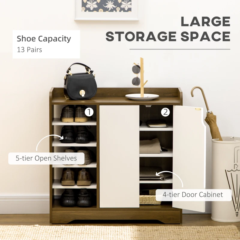 HOMCOM Shoe Storage with Double Doors and Open Shelves 13 Pair Shoe Storage Organizer for Entryway Hallway Brown and White