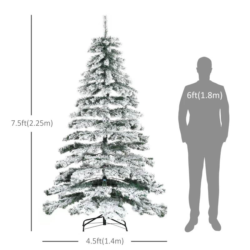 HOMCOM 7.5ft Artificial Snow Flocked Christmas Tree Xmas Tree Holiday Home Indoor Decoration for Party with Foldable Feet, Green